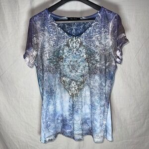 B.L.E.U. Womens Blue Mesh Overlay Rhinestone Paisley Graphic V-Neck Top Large